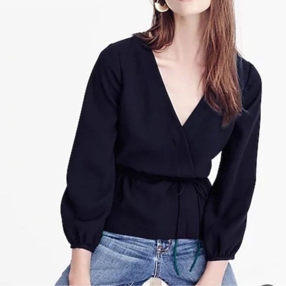 J Crew Blue Drapey Crepe Faux Wrap Blouse Top Size 8P - Picture 1 of 12